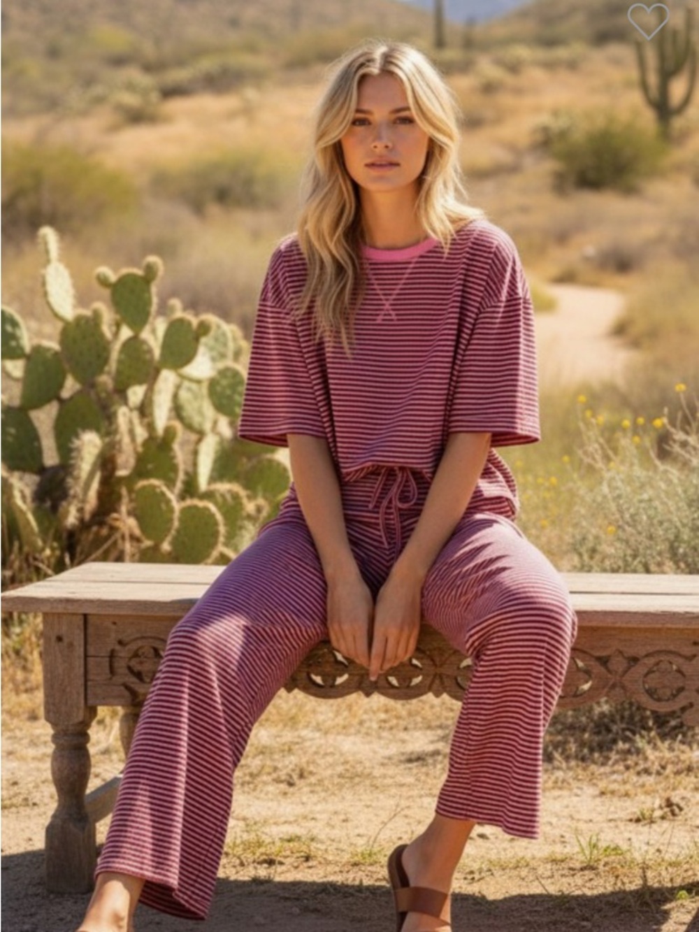 175. Striped short sleeve wide leg lounge set in pink brown - Picture 2 of 2